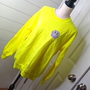Bright Yellow Smiley Face Badass Women Oversized Sweatshirt Size Medium